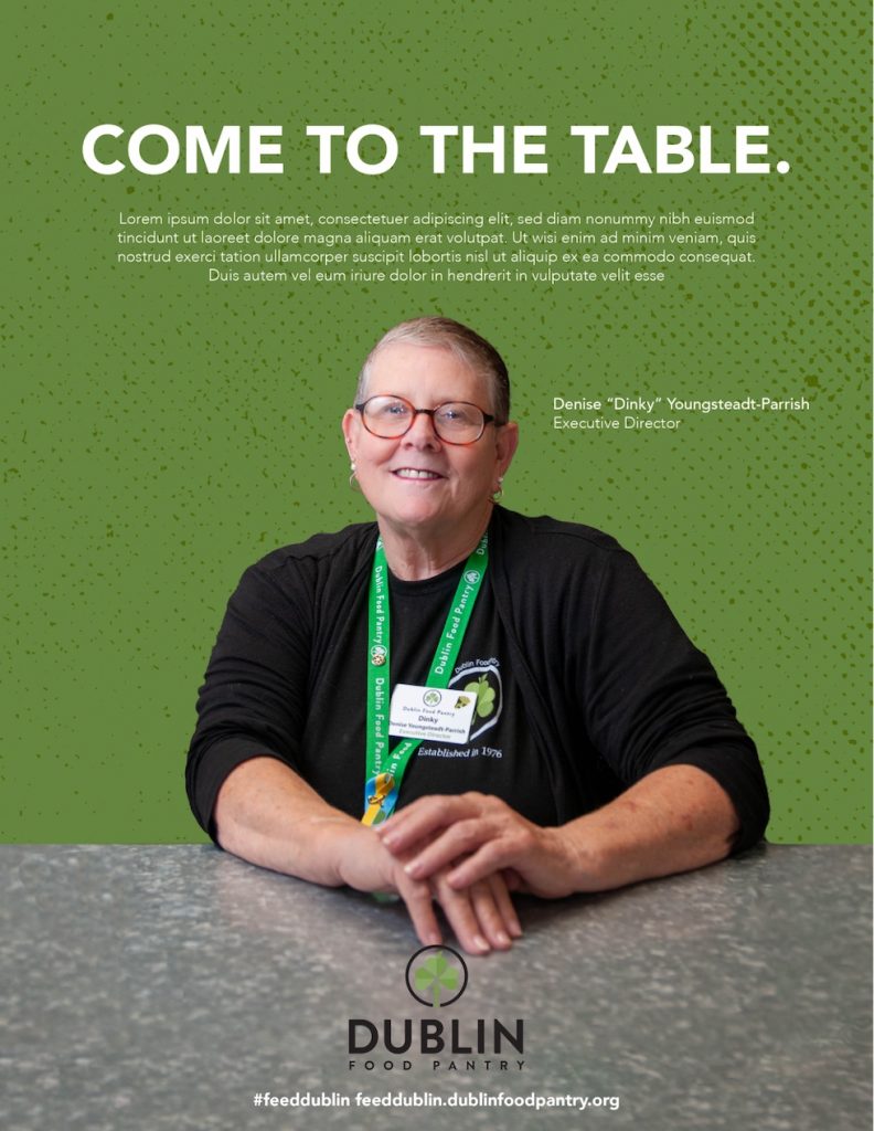 Come to the Table capital campaign promotional image featuring Denise Dinky Youngsteadt-Parrish.